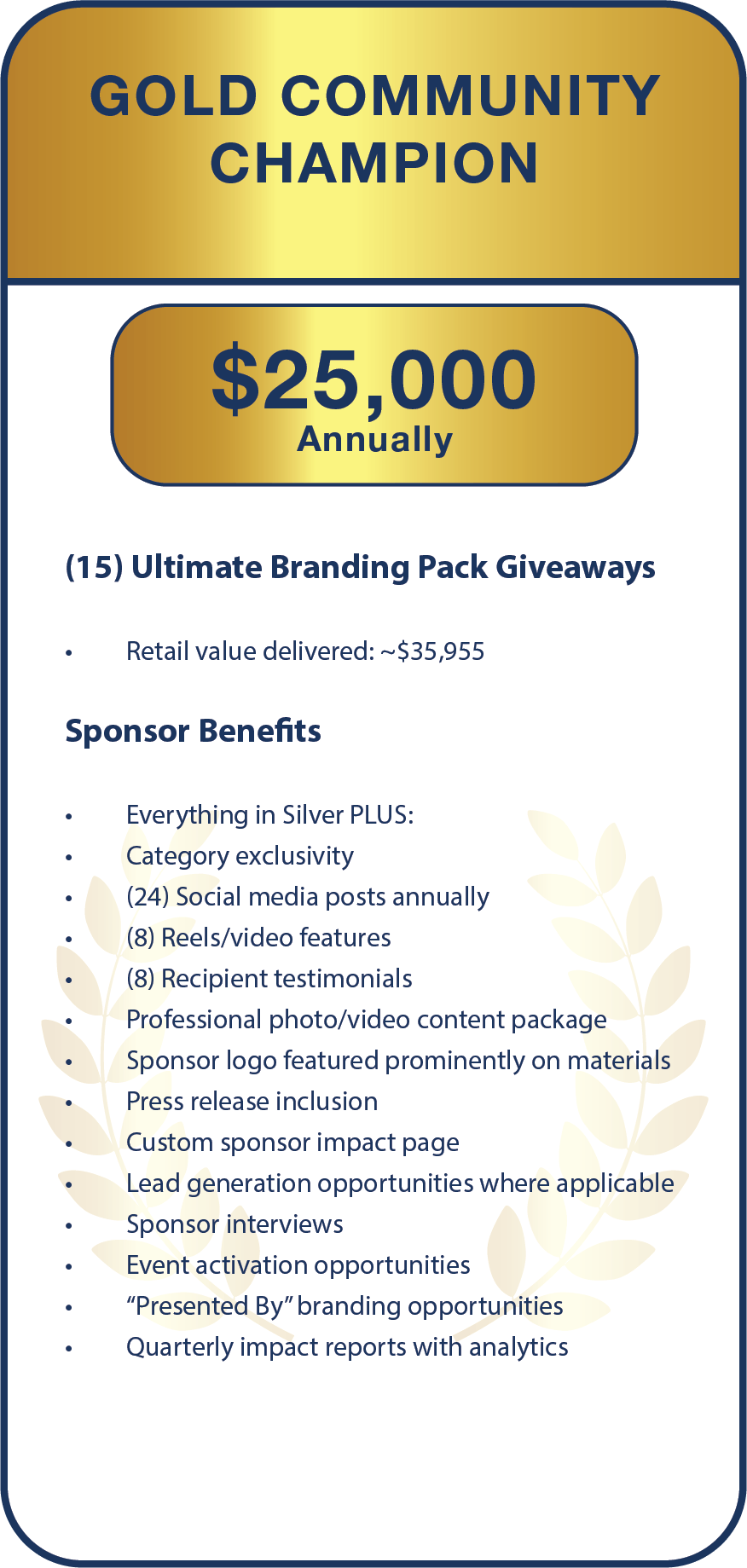 (15) Ultimate Branding Pack Giveaways  Retail value delivered: ~$35,955    Sponsor Benefits  Everything in Silver PLUS:  Category exclusivity  (24) Social media posts annually  (8) Reels/video features  (8) Recipient testimonials  Professional photo/video content package  Sponsor logo featured prominently on materials  Press release inclusion  Custom sponsor impact page  Lead generation opportunities where applicable  Sponsor interviews  Event activation opportunities  “Presented By” branding opportunities  Quarterly impact reports with analytics  