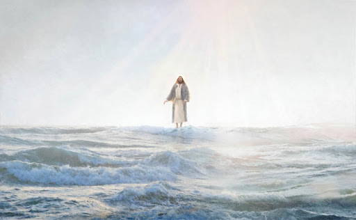 Painting of Jesus walking on on the water. He stands in the distance against a gray sky.