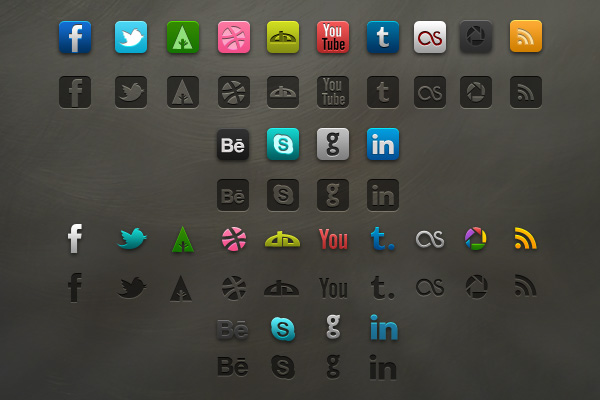 Иконки социальных сетей в формате psd и png (Facebook, Twitter, Youtube, Picasa, Skype, Behance, Deviantart, Dribbble, Forrst, Github, LastFM, LinkedIn, RSS, Tumblr)