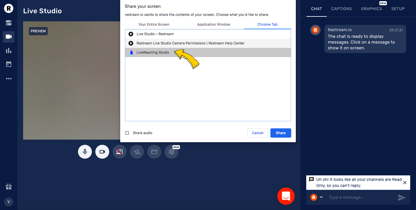 Restream select LiveReacting Studio closest guess tab