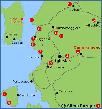 Map of the rock climbing areas around Iglesias including Domusnovas