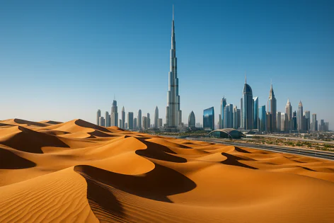 Undulating sand dunes in the foreground with the modern Dubai skyline and iconic Burj Khalifa skyscraper visible in the distance against a clear blue sky.