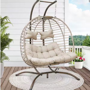 Large 2-Person Beige Wicker Double Porch Swing Egg Chair with Stand and Cushion