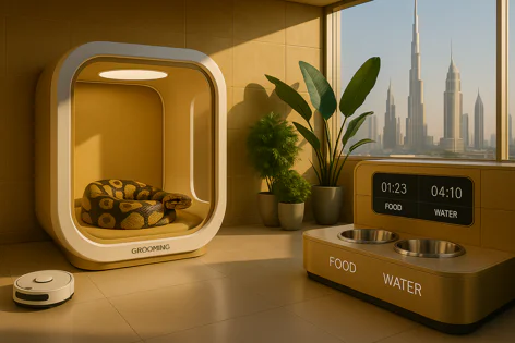A python snake rests inside a futuristic grooming station with a view of a modern city skyline, next to a pet feeder and robot vacuum.