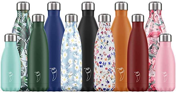 Row of plastic free alternative reusable water bottles from sustainable brand Chillies