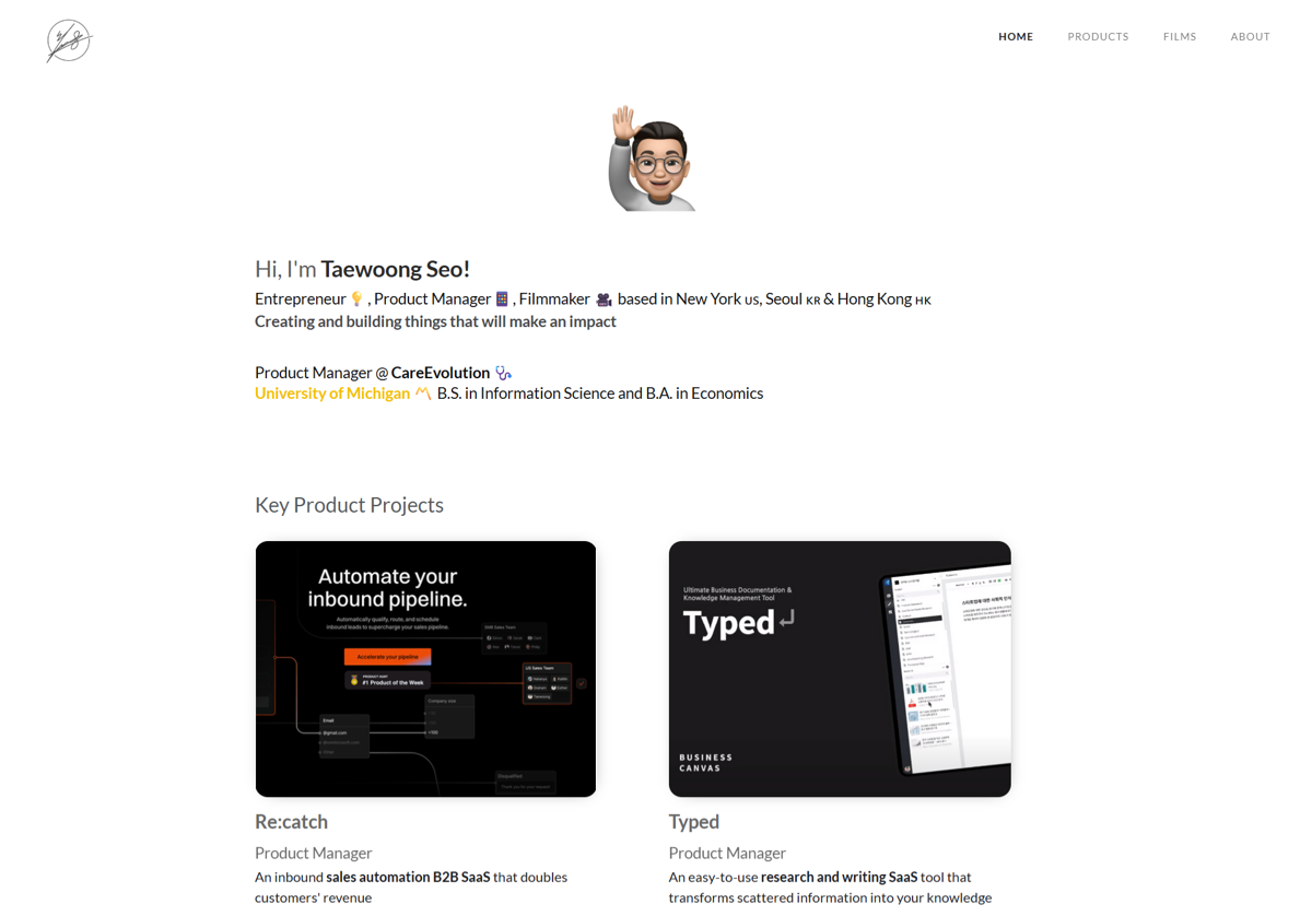 Screenshot of Taewoong Seo, from the product manager portfolios collection.