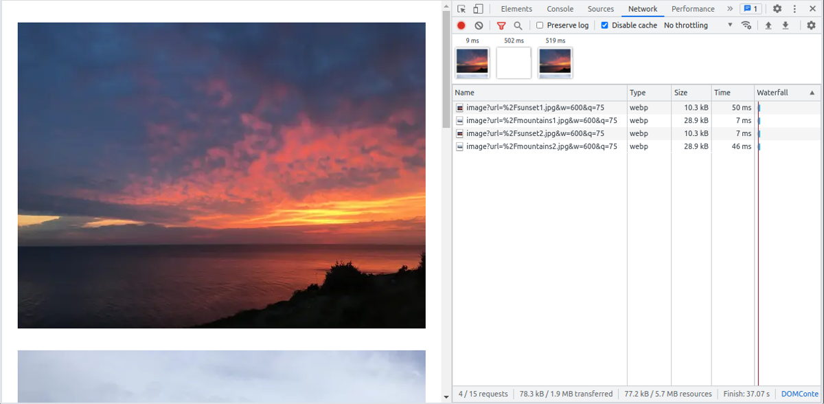 sunset1.jpg - 10.3kB - webp - 600x450 Better format, size and resolution with Next.js in Chrome Dev Tools