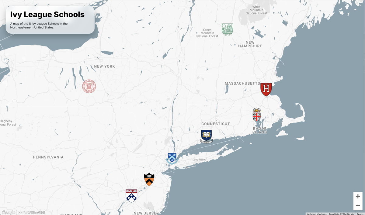 Screenshot of Ivy League Schools, from the google maps api examples collection.