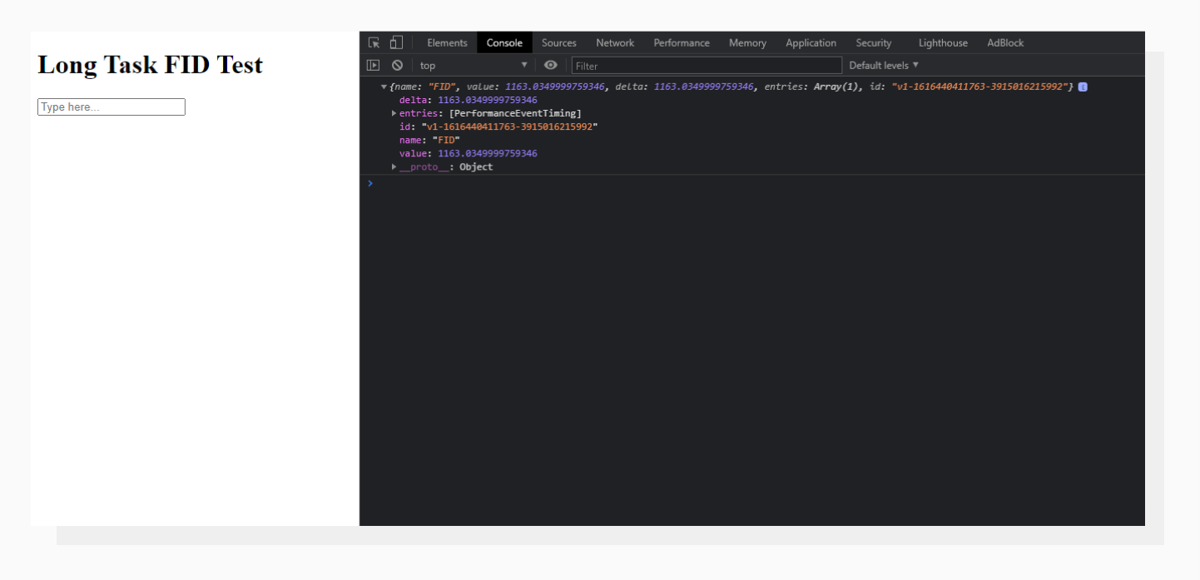 The library prints an object to the console. Chrome console displaying First Input Delay