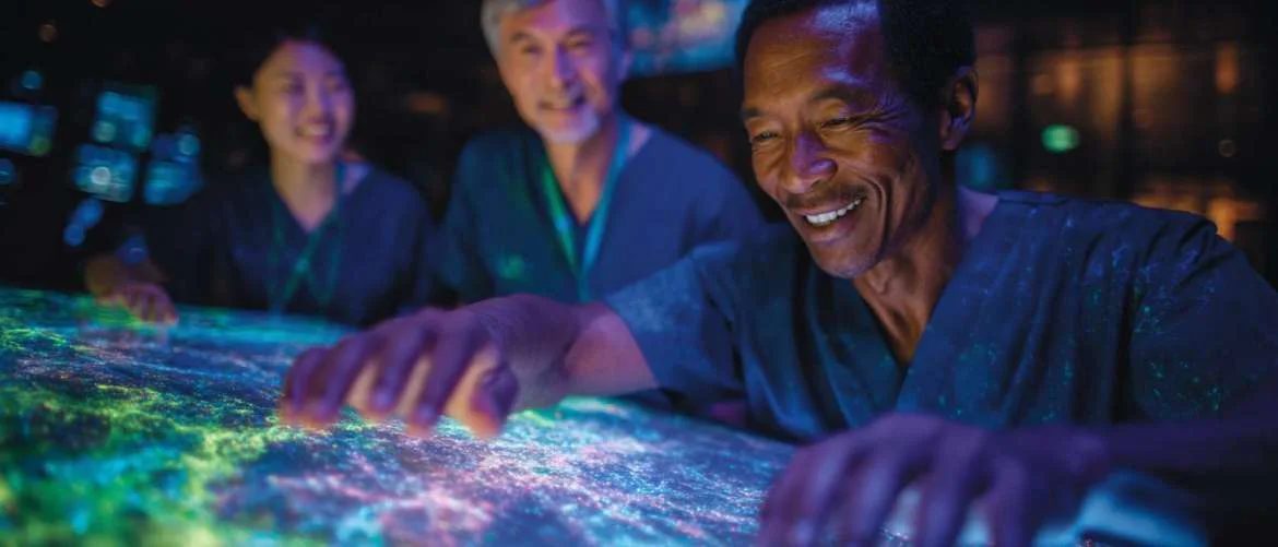 Healthcare team collaborating around glowing holographic display in blue-green hospital room