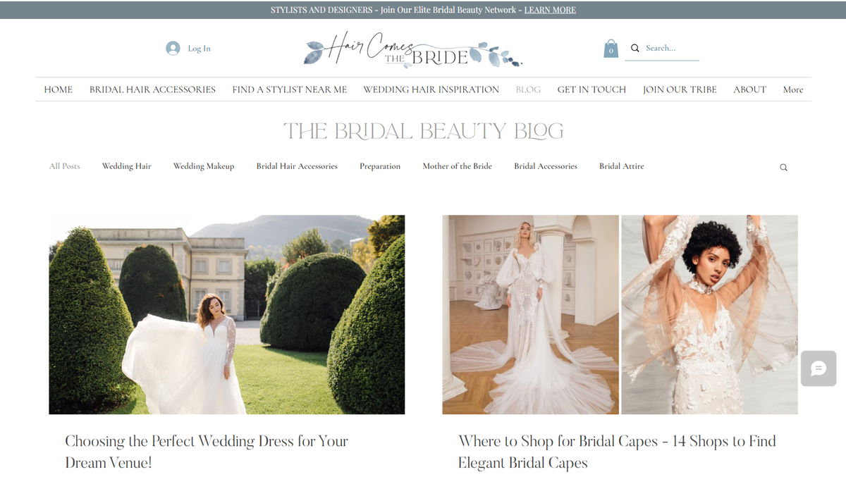 Screenshot of Hair Comes the Bride, from the wix blog examples collection.