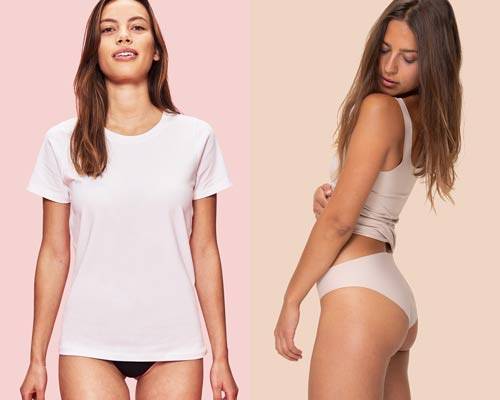 Woman wearing white organic cotton essentials tee with black briefs and woman wearing nude coloured high waist brief and vest in organic cotton from sustainable brand Organic Basics