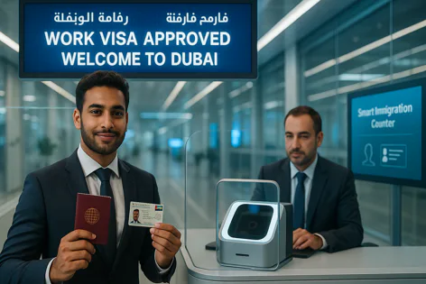 Man in a suit holds his passport and ID card at a Dubai immigration counter, with a screen above reading "WORK VISA APPROVED WELCOME TO DUBAI".