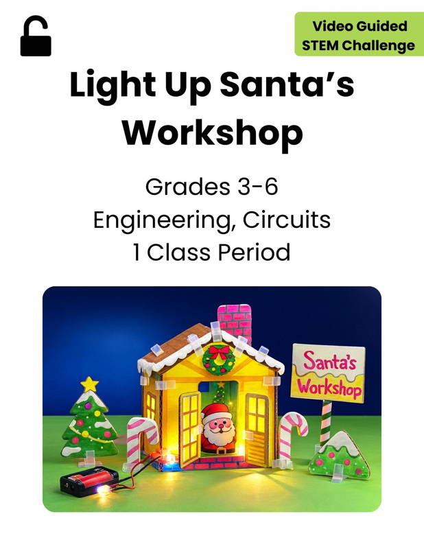 Image of a student-built cardboard Santa’s Workshop illuminated with LED circuits using a 3DuxDesign STEM kit, demonstrating a hands-on engineering and circuitry activity. Ideal for grades 3–6 classrooms seeking festive project-based learning experiences that build creativity, problem-solving, and STEM skills.