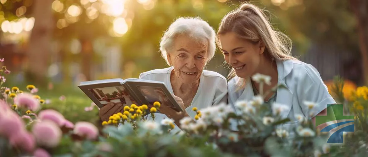 Nurse and elderly patient share memories in a sunny garden