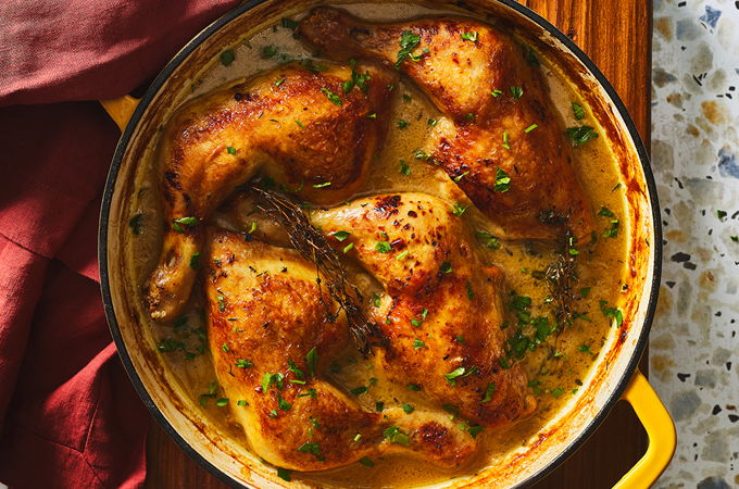Maple, Garlic and White Wine-Braised Chicken Legs