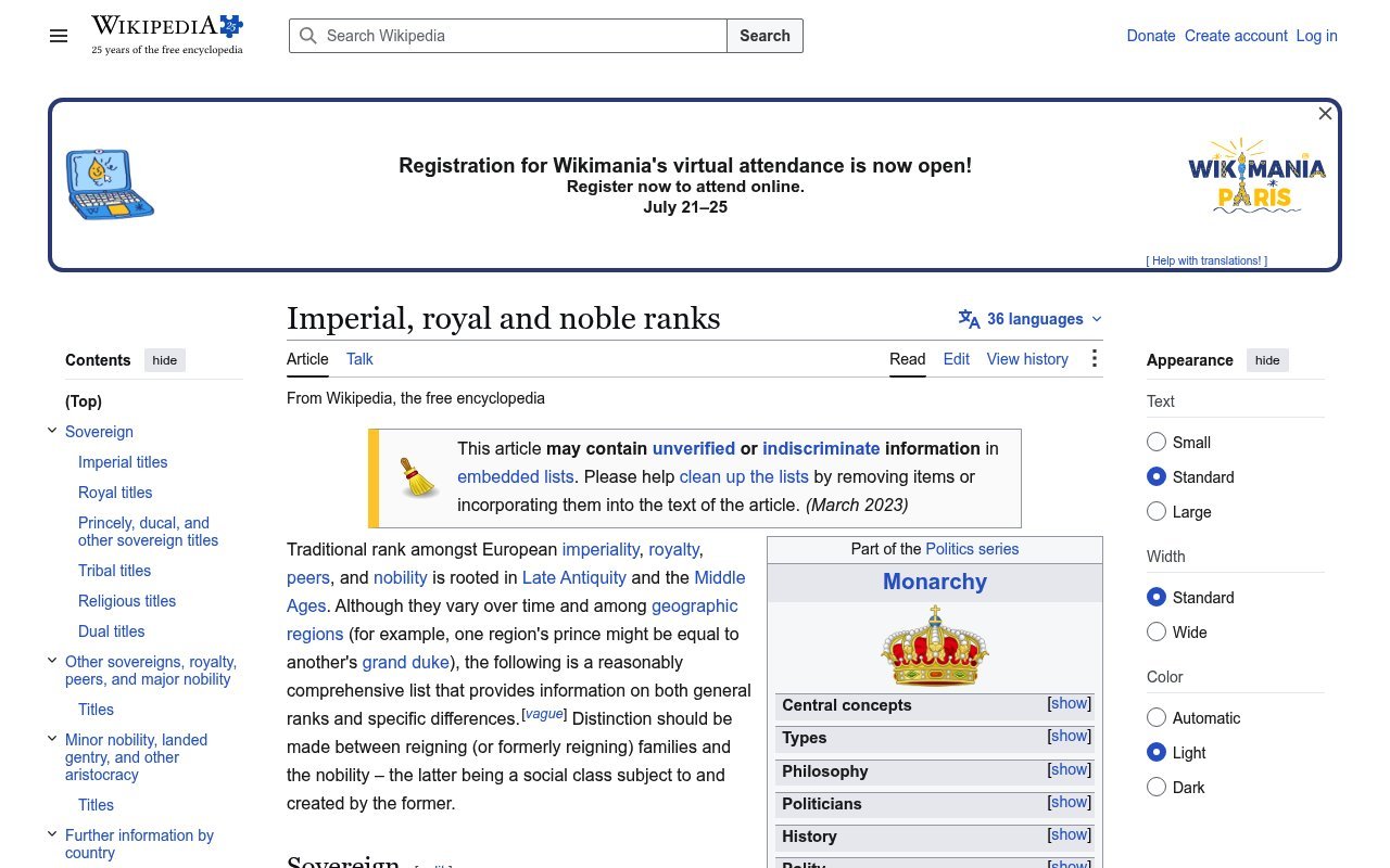 Imperial, Royal and Noble Ranks Overview