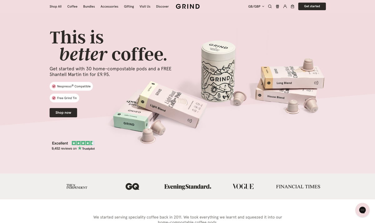 Screenshot of Grind, from the ecommerce websites collection.