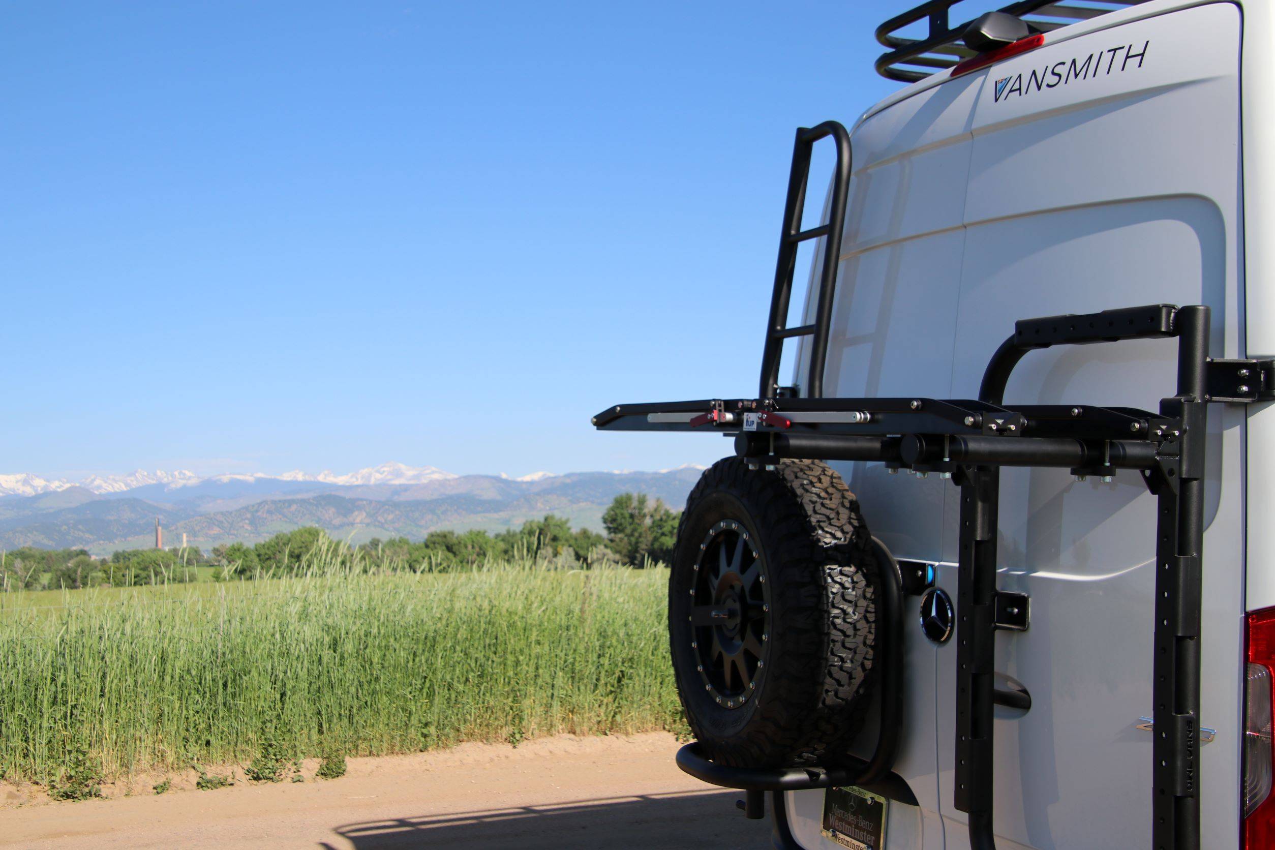 Rear Tire Carrier and Ladder Rack Installation for Mercedes Sprinter Conversion Van - The Vansmith in Boulder, Colorado