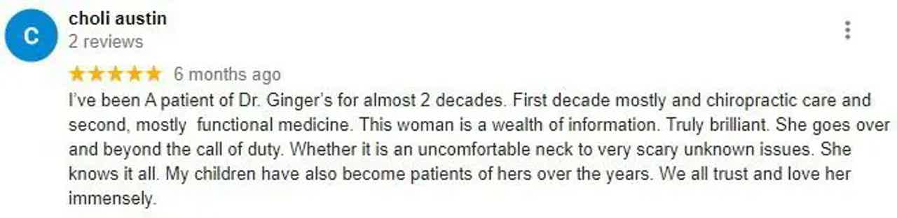 Doctor review text on chloli austin page: “I've been a patient of Dr. Ginger…” with star rating and “6 months ago.”