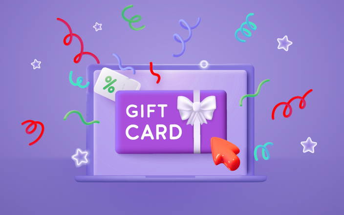 A purple laptop's computer screen showing an online gift card, surrounded by confetti for Confetti's virtual gift cards for employees