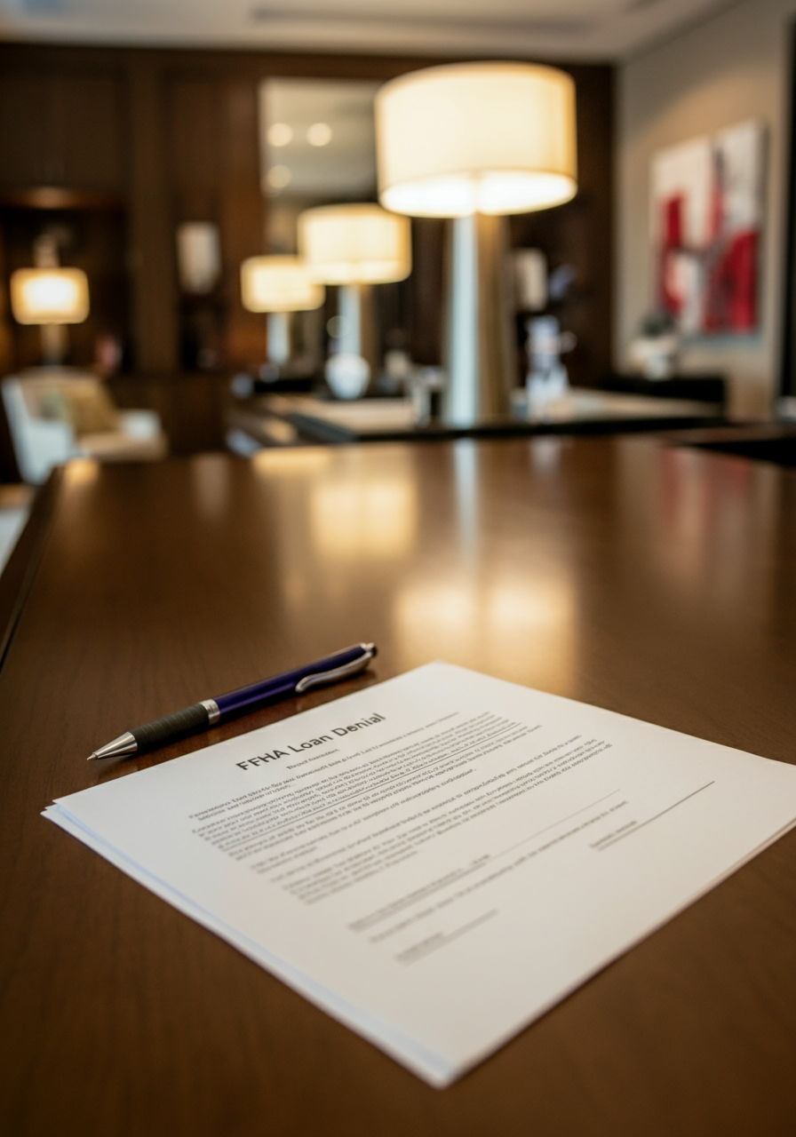An FHA loan denial letter on a desk in a Streeterville apartment. The document cites the building's failure to obtain FHA approval due to inadequate reserve funding. Beside it lies information about alternative financing options including portfolio loans and private banking solutions available to luxury condo buyers.
