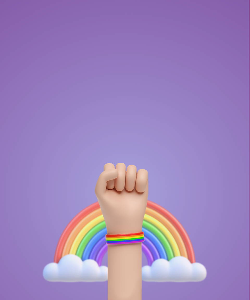 A raised fist in front of a big rainbow for Confetti's Virtual LGBTQIA+ Allyship in the Workplace