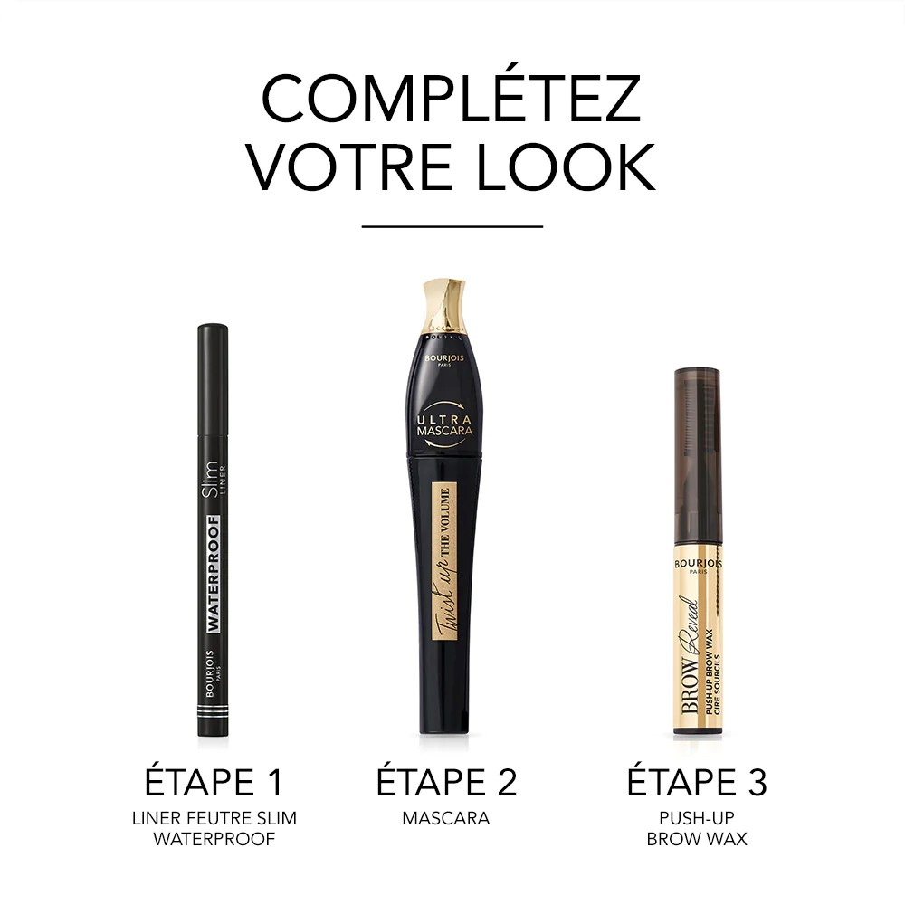 eyeliner noir waterproof, mascara et crayon à sourcils