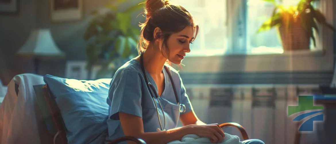 Nurse in stage makeup reflects on her double life, holding her scrubs.