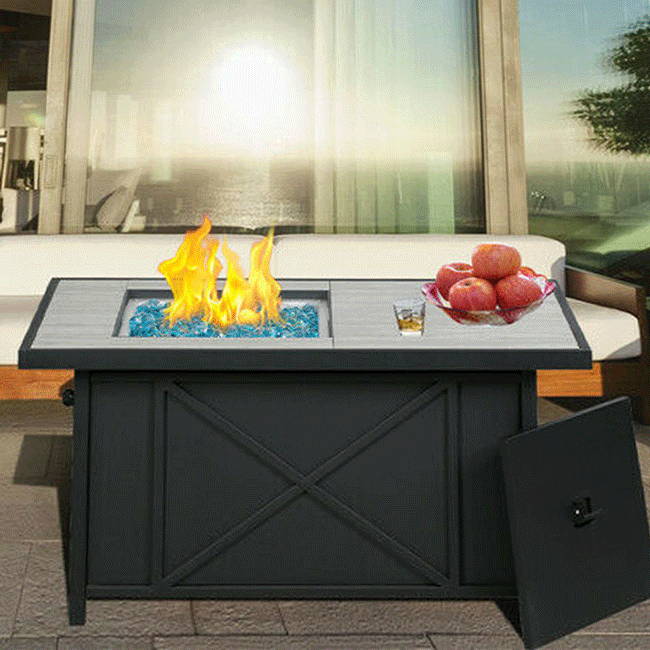 Gas Fire Pit Table, 42 inch 60,000 BTU Square Outdoor Propane Fire Pit Table with Lid and Blue Fire Glass