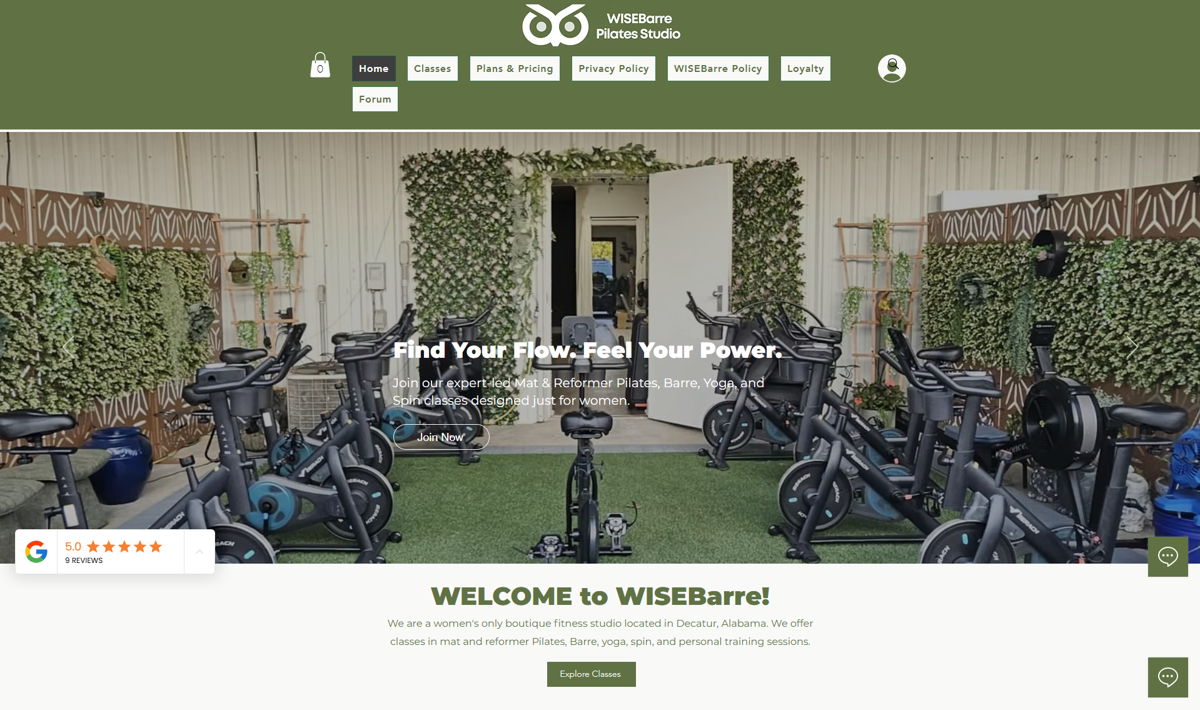 Screenshot of WISEBarre & Pilates, from the pilates websites collection.