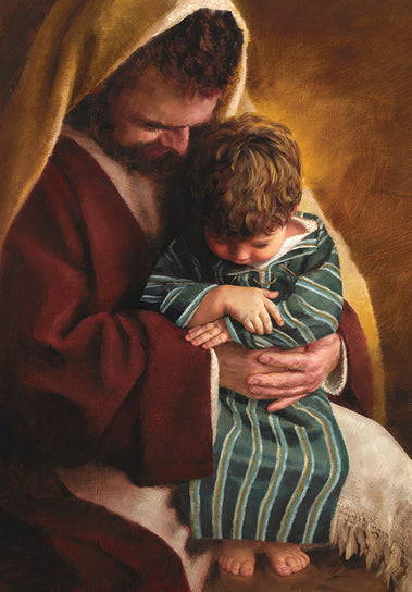 A toddler boy sitting with Jesus. 