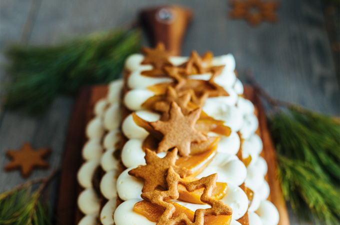 « Bûche » étagée aux poires caramélisées