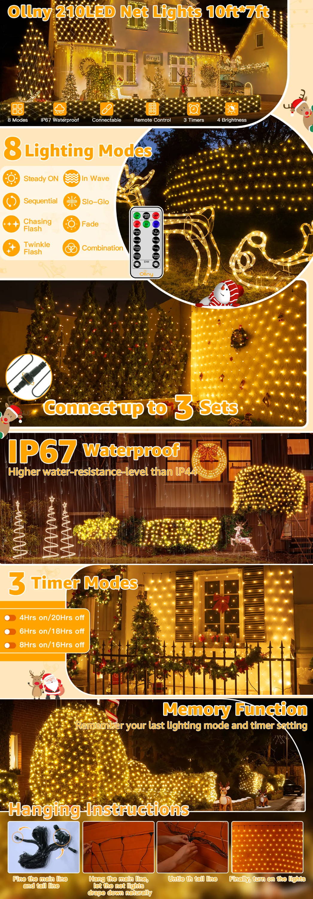 Ollny's 200 leds warm white IP67 net lights for Christmas