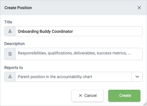 Create Position dialog with Title, Description, and Reports to