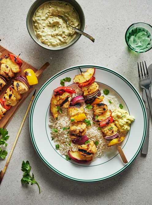 Chicken and Peach Skewers with Creamy Onion Soup Sauce