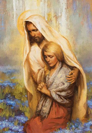 Jesus comforting a woman who is praying. She is surrounded by forget me not flowers.