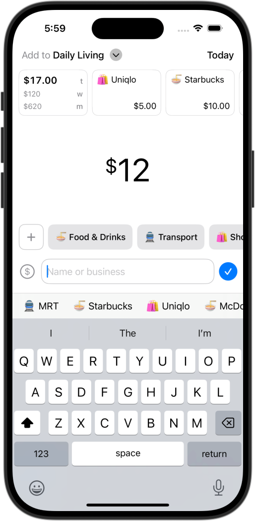Screenshot of logging an expense in CashJot