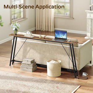 70.9" Console Table with Power Outlets, Sofa Tables Narrow Long, Industrial Behind Couch Table, for Hallway, Entryway, Living Room, Rustic Brown and Black CT185UBR