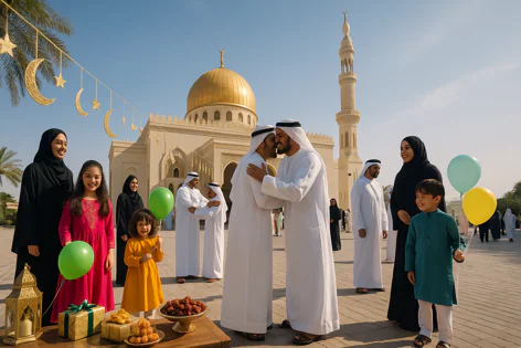 Muslim families celebrate Eid outdoors near a mosque. Men hug, while women and children hold balloons near gifts and traditional sweets.
