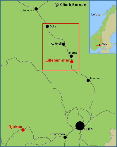 Map of the ice climbing locations of Rjukan and Lillehammer