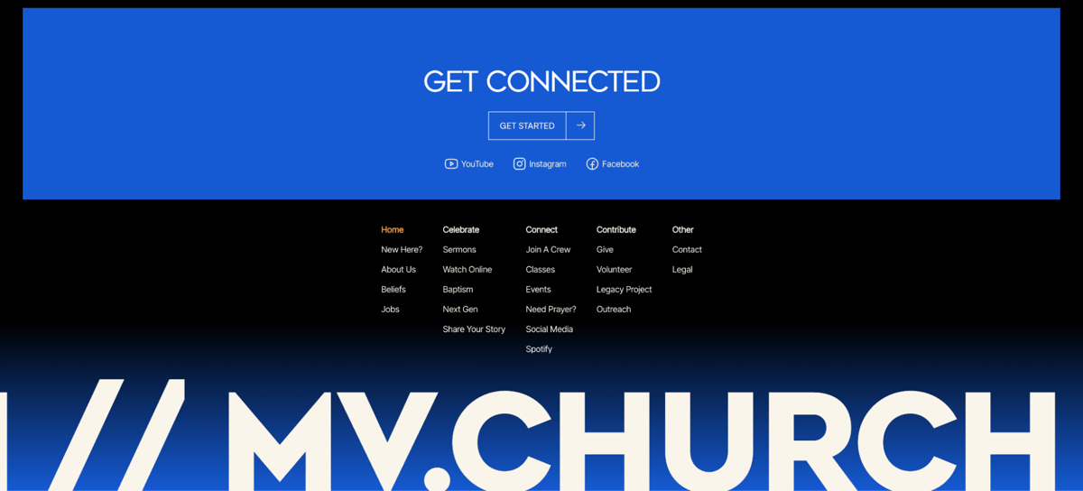 Screenshot of mv.church, from the website footer designs collection.