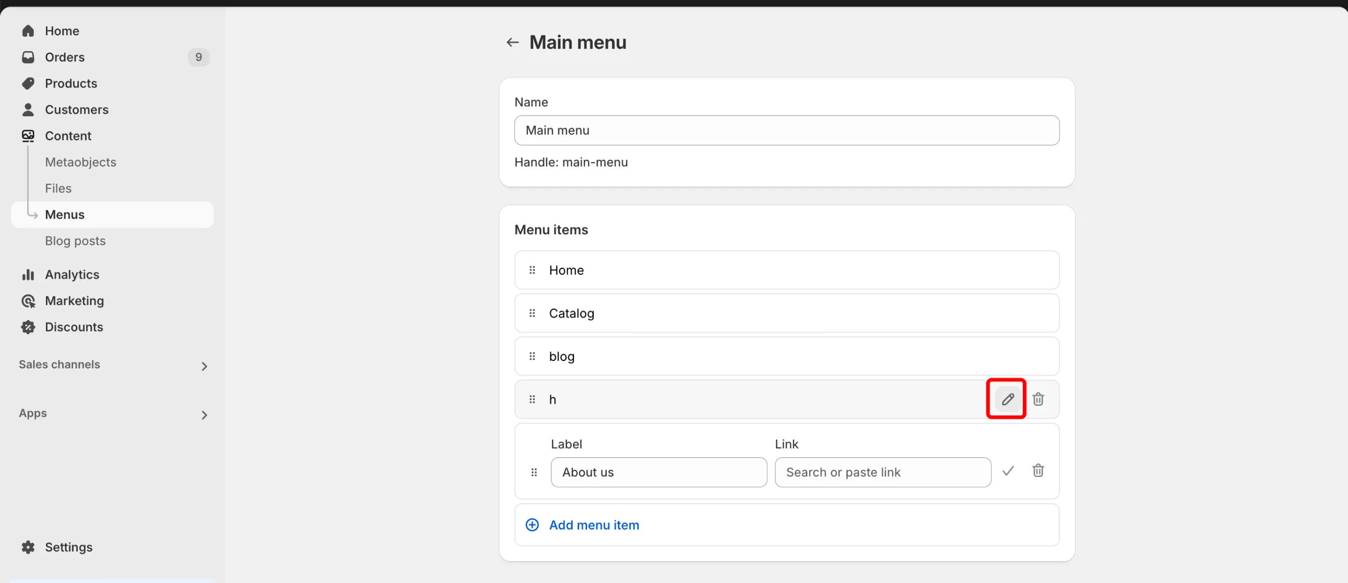 edit menu items shopify