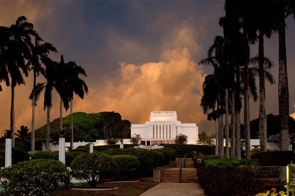 LDS art Laie Temple picture showing the path of palm trees leading to the entrance. Taken during the evening. 