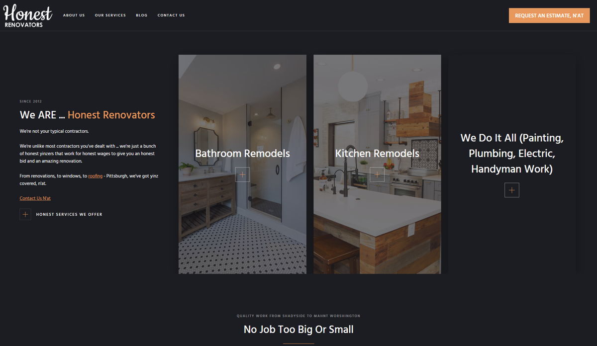 Screenshot of Honest Renovators, from the brochure websites collection.