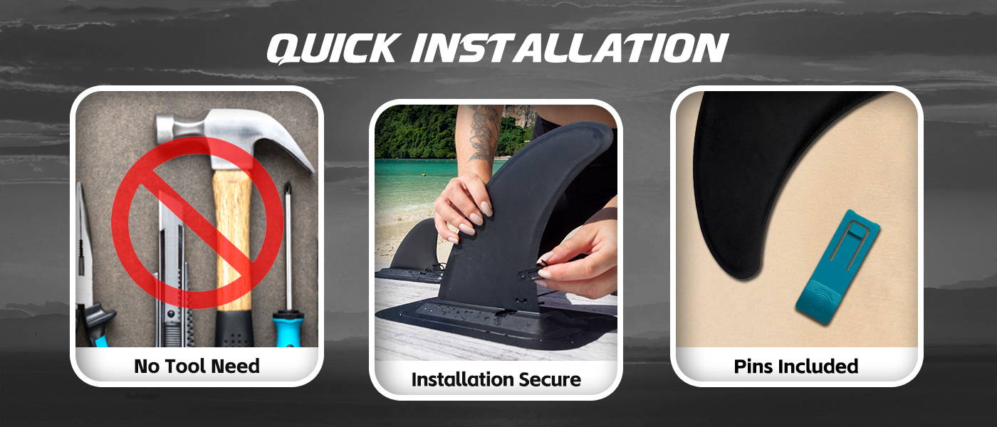Funwater stand up paddle board fin setup for SUP support quick installation, no tool need, installation secure, pins included