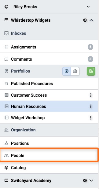 People in the Organization panel of the Navigation pane