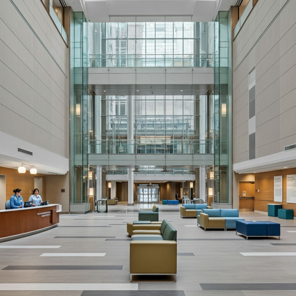 The impressive lobby of Northwestern Memorial Hospital in Streeterville, featuring a soaring atrium with natural light streaming through glass walls, modern seating areas, and a reception desk staffed by healthcare professionals. The space illustrates the world-class medical facilities accessible to residents of these premier neighborhoods.