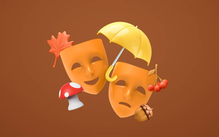 Smiling and sad theater masks with fall-themed objects (preview)