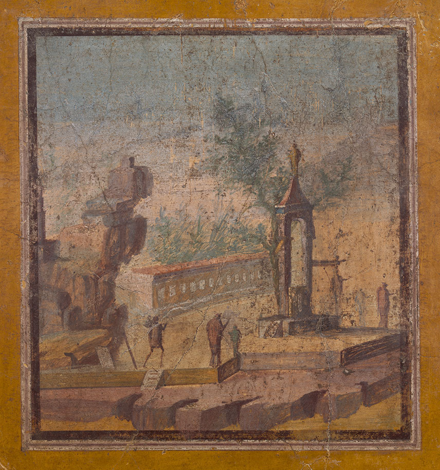 Wall painting with a landscape scene (detail), Roman, from the Villa of N. Popidius Florus, Boscoreale, early-mid 1st century A.D., pigment on plaster, 93 3/8  ×8 × 45 3/4 in. (237.17 × 116.21 cm), Virginia Museum of Fine Arts, Richmond. Adolph D. a